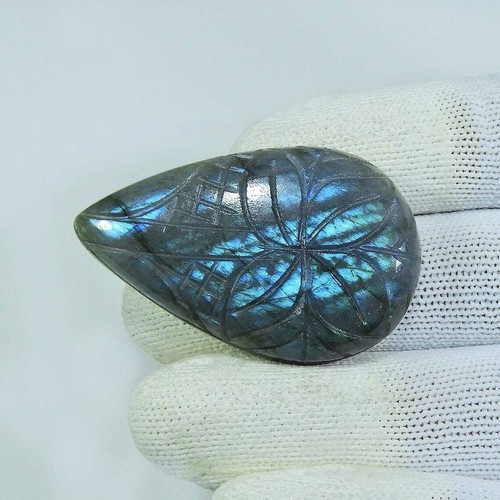 81 Cts Pear Blue Flash Labradorite Flower Carving Cabochon Gem Gemstone - Picture 2 of 3