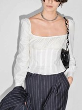 NWT REFORMATION Helena Corset Pleated White Long Sleeve Smocked Zip Top Sz 10