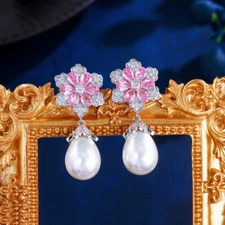 White Gold Plated CZ Pink Flower Pearl Dangle Drop Earrings for Women Party Gift