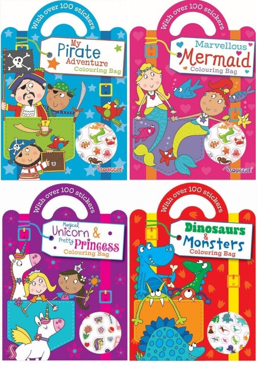 4 X Carry Colouring Sticker Books - Pirate Mermaid Unicorn Monsters, 4 Books