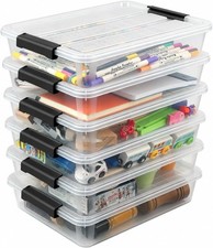 Clear Flat Storage Bins with Lids, Teal-Blue Buckle Stackable Transparent