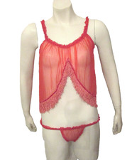 Exotic Lingerie 2 ps set Sheer Red Nylon Chemise BabyDoll String Bikini Panty M
