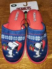 Peanuts Snoopy Slippers Ladies Size L: 9-10 Blue/Red Christmas Holiday NWT