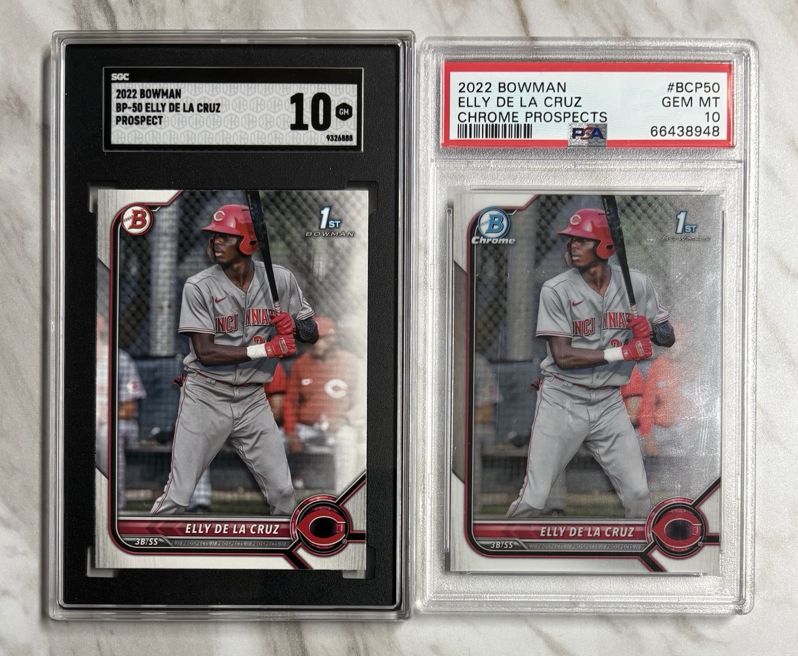 2) 2022 ELLY DE LA CRUZ BOWMAN PROSPECTS / PAPER SGC 10 / CHROME PSA 10 GEM MINT view 1