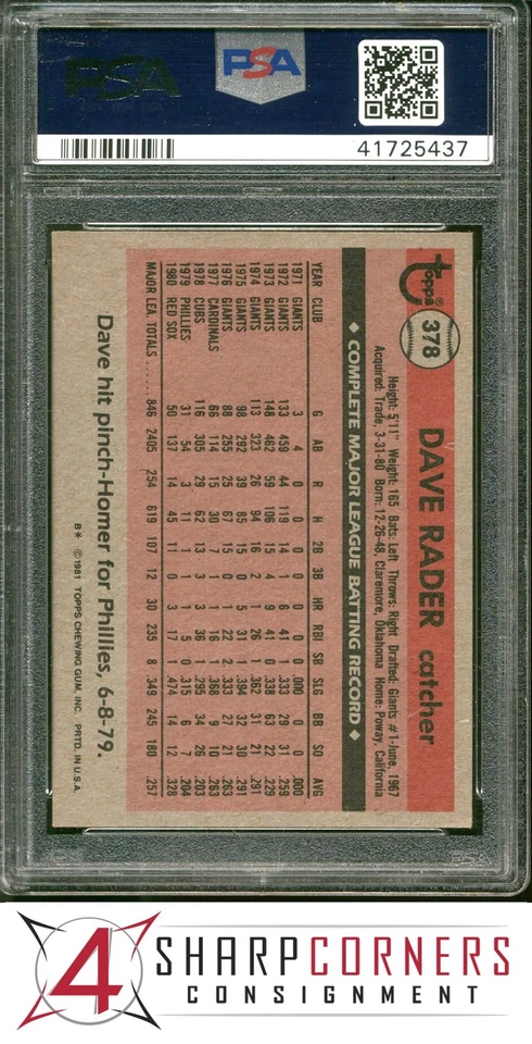1981 TOPPS #378 DAVE RADER RED SOX PSA 8 - Image 2 of 4