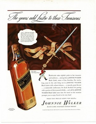 1938 Johnnie Walker Black Label Whiskey Vintage Print Ad Scottish Sword & Belt