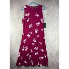 Lauren Ralph Lauren Dress Womens 12 Berry Floral Fit Flare Sleeveless Midi NEW