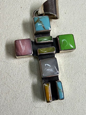 925 Sterling Silver Cross Pendant Multicolor Assorted Gemstones Square Inlay
