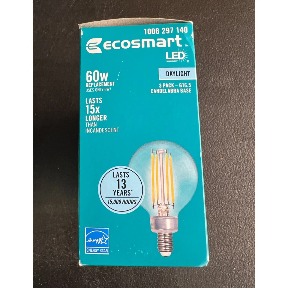 EcoSmart LED Globe Bulb Daylight G16.5 60W Eq Filament Dimmable 3‑Pack - Image 2 of 4