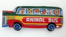 Vintage Japanese Tin Clicker- Animal Bonnet Bus- Green Roof, Animals in Windows