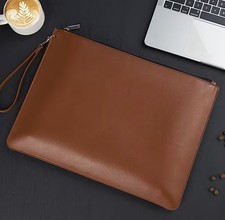 PU Leather A4 Document Bag Brown Zipper Briefcase Wrist Strap Large