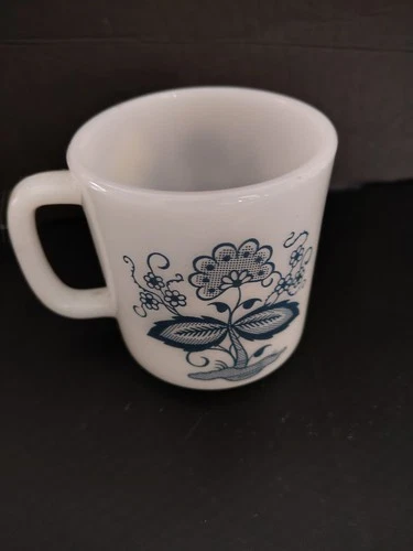 Vintage White Milk Glass Mug Cup Blue Flower Pattern Glasbake 43