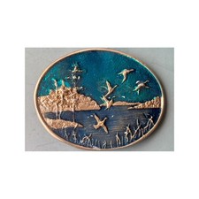 Vintage Enamel Flying Ducks Geese Marsh Scene Oval Belt Buckle Silver Tone