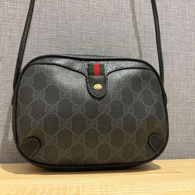 GUCCI Sherry Line Pochette Shoulder Bag Black PVC Leather 20cm Strap 110cm