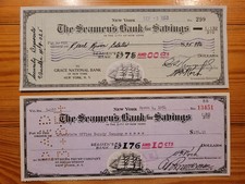 US: 2 Schecks: Seamen&acute;s Bank for Savings, New York, 1953, 1954, SEGELSCHIFF*