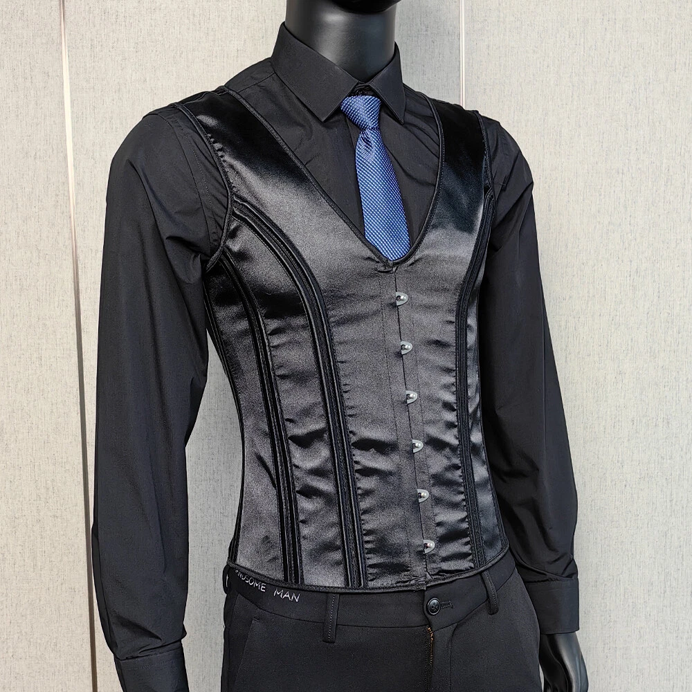 Corset Vest For Men Vintage Waistcoat Lace Up Bones Black Shaping Tops Costume