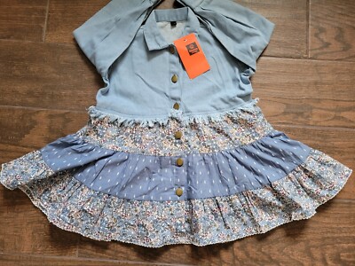 Artisan Made Floral Denim Ruffle Dress Toddler 2-3 Button Front READ NEW Boho