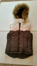 Womens Sz Small Puffer Vest With Fur Trimmed Hood Block Print.by Seventy Seven