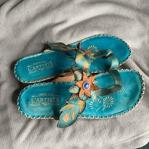 L'Artiste Spring Step Bajan Leather Wedge Sandals Women Size 41/US10-10.5 Blue - Picture 10 of 12