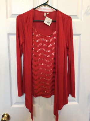 NWT LADIES MADISON RED L/S SEQUINED FRONT FAUX TWINSET RETAIL $58