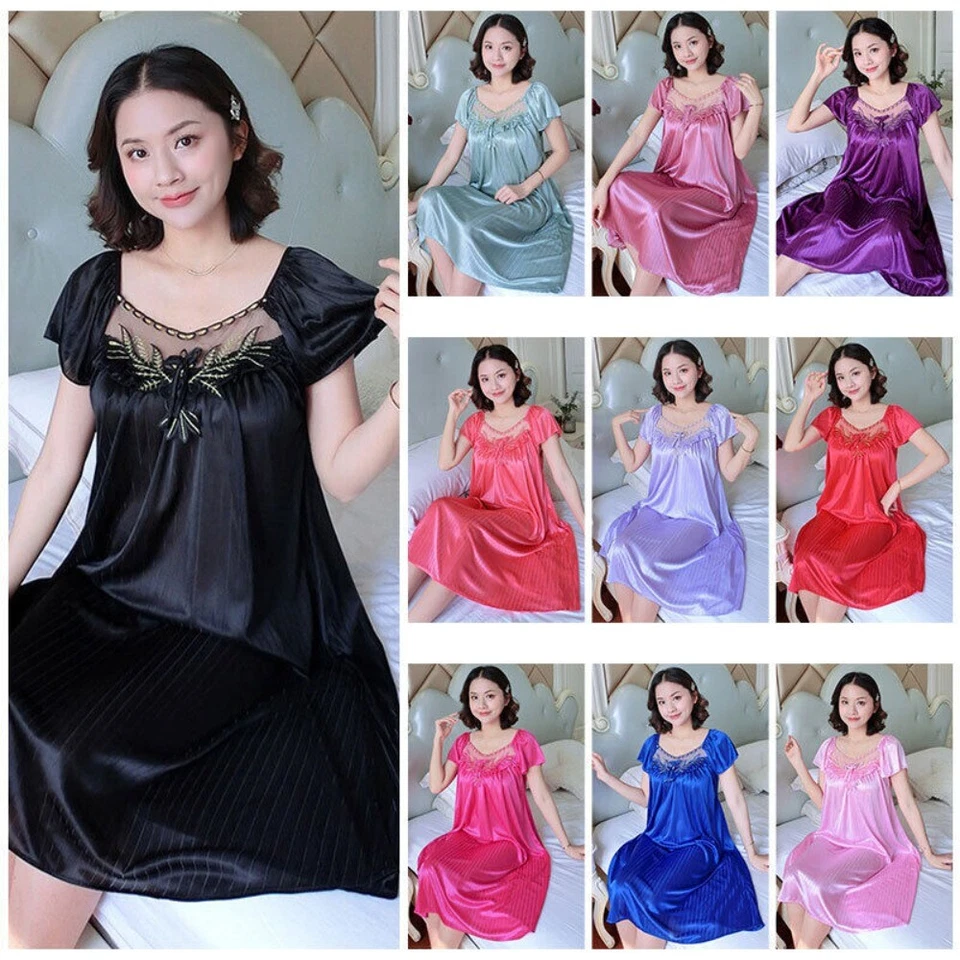 Women Silk Satin Sexy Sleepwear Short Sleeve Nightgown Robes Night Dress Nightie - Image 3 of 4