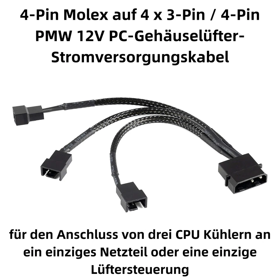 M34 4 Pin Molex auf 4 x 3 / 4-Pin PMW 12V PC Gehäuselüfter Stromversorgungskabel - Bild 2 von 4