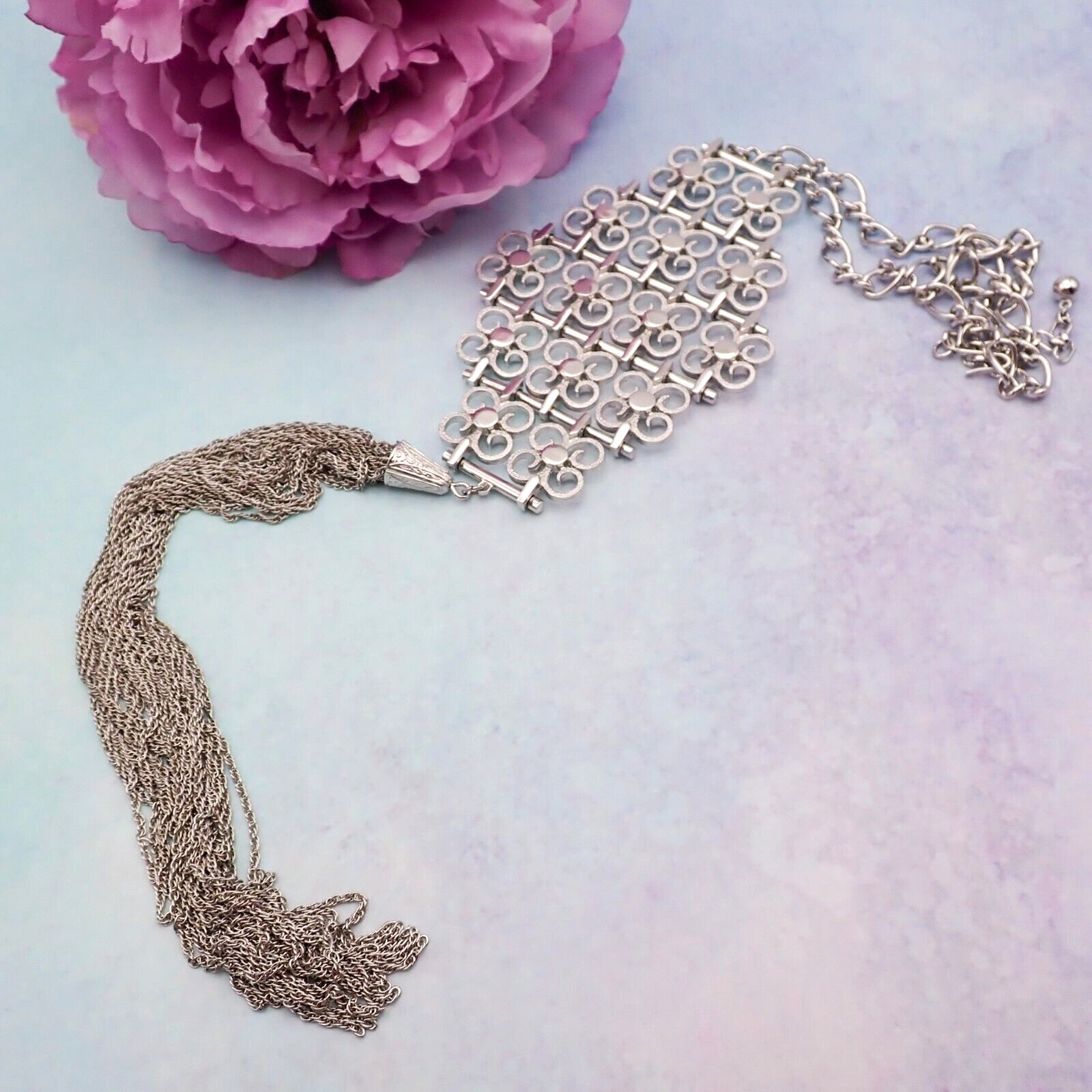 Vtg Dramatic Long 14" Dangle Tassel Scroll Pendan… - image 1