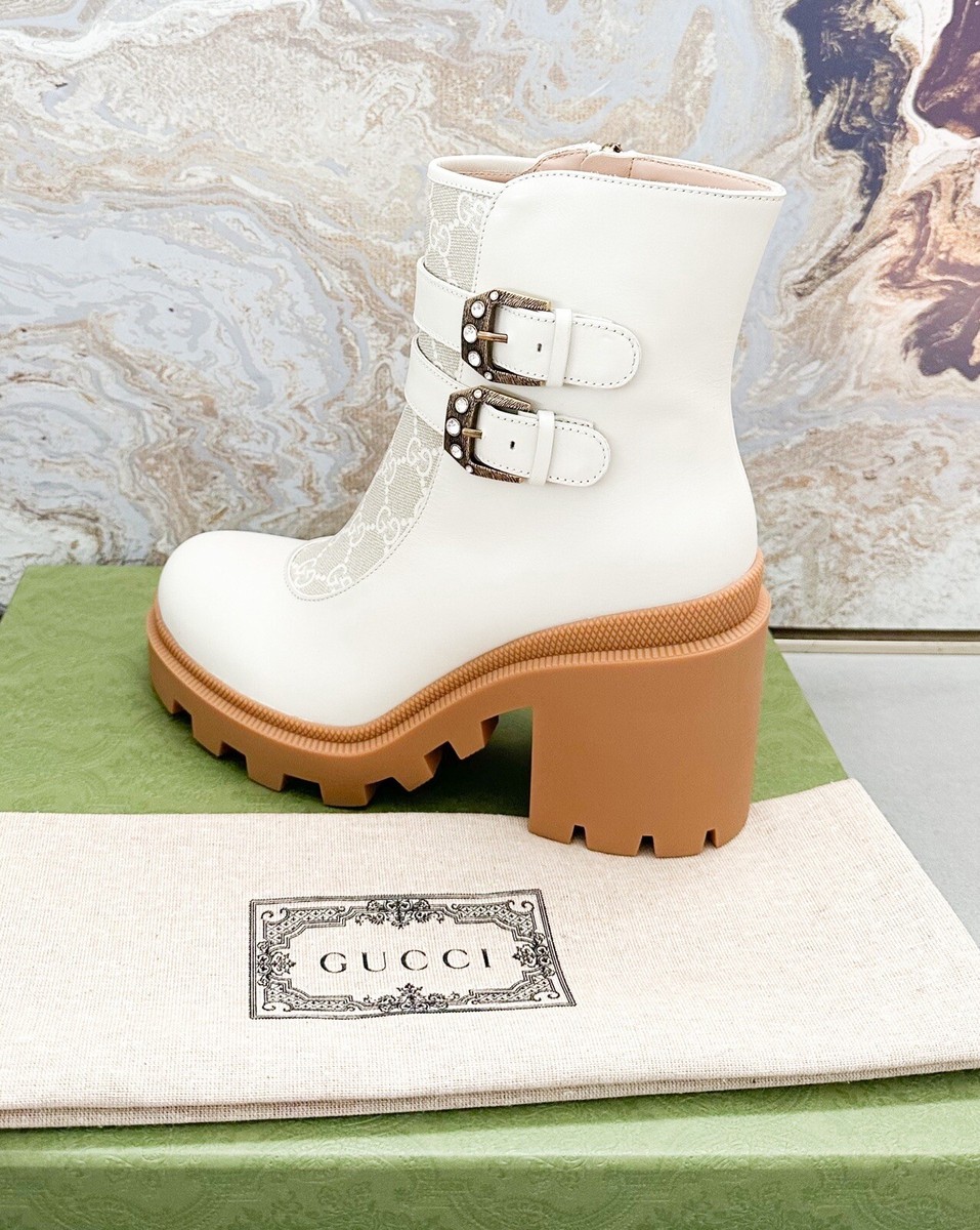 Gucci Kensington GG Supreme Monogram Double Buckle Leather Ankle