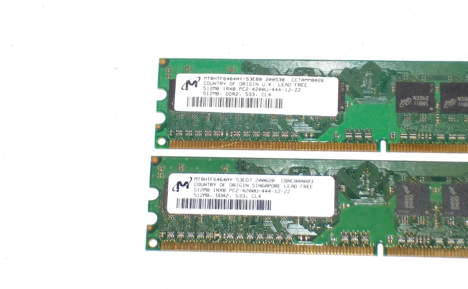 Micron 512MB x 2 (1GB)PC2-4200U DDR2 533MHz Dimm Memory MT8HTF6464AY-53ED7 - Image 2 of 3