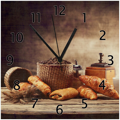 Wallario Premium Metalleffekt Uhr Französisches Frühstück Café Croissants Kaffee