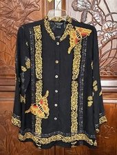 Citron Santa Monica Floral Butterfly Embossed Silk Blouse Shirt SZ M RT $249