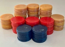 VINTAGE CHERRY RED BLUE MOON YELLOW MARBLED CATALIN BAKELITE POKER CHIPS 140 PC