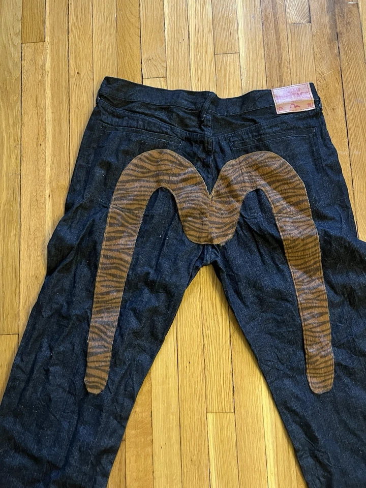 Jeans japonês listrado de tigre Evisu (índigo) - Imagem 2 de 4