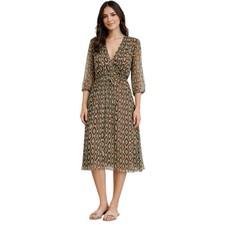 Matta Dress Midi Chiffon M Brown Green 3/4 Sleeve Sheer Mod Funky Retro Boho Art