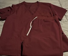 Unisex Medical Scrub Set Top  Pants Solid Burgundy Polyester Size XXL