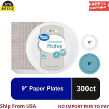 Great Value Uncoated Paper Plates, 9 Inch, White, 300 Count New