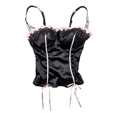 Victorias Secret Black Pink Satin Lace Ruffle Corset Top 34B Coquette Bustier