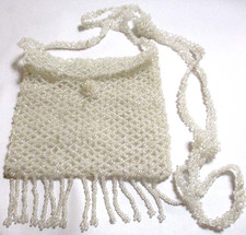VINTAGE WHITE GLASS SEED BEAD MINI BAG PURSE 4" COCKTAIL BRIDAL POUCH BOHO
