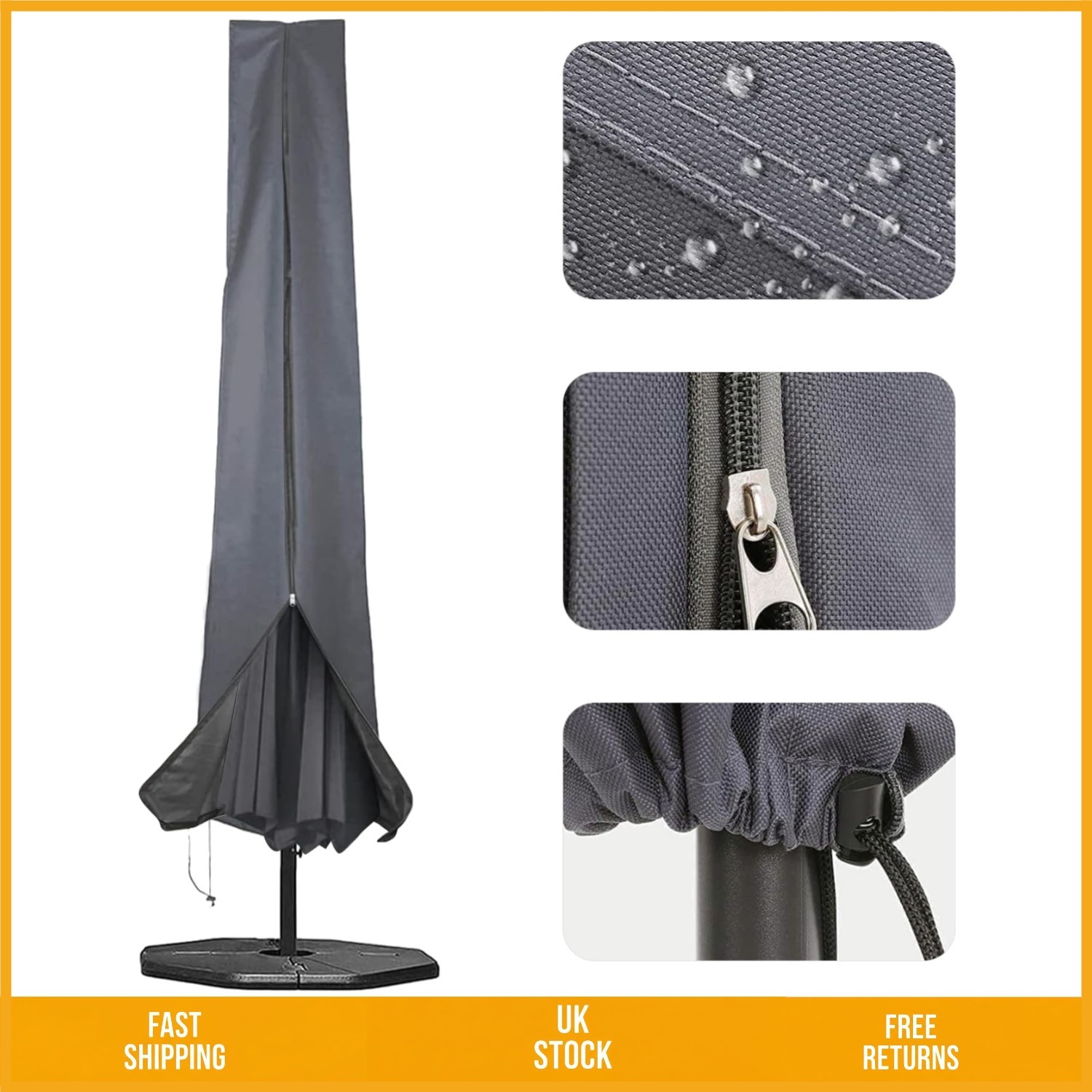 Heavy-Duty Waterproof Parasol Cover for 2.5-4m Umbrellas, 190x25x50cm Grey