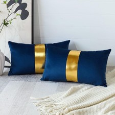Velvet Throw Pillow Covers with Gold Leather 12x20 Inch Pack of 2 Navy Blue