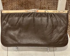 vintage brown leather clutch purse with chain strap - likely from 1960s/1970s