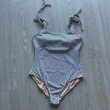 J Crew Factory Striped Tie Shoulder One Piece Swimsuit Large Antique Navy White