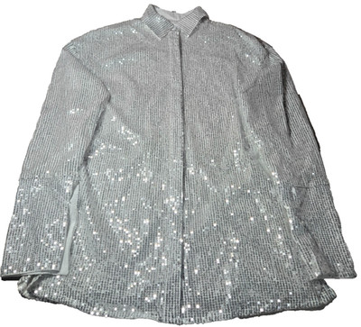 Long Sleeve Button Down White with Shiny Silver Sequence Dress Top Party Shirt