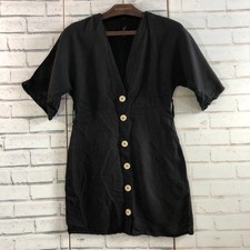 Zara Black Linen Blend Button Front Mini Dress V-Neck Short Sleeve Casual Tunic