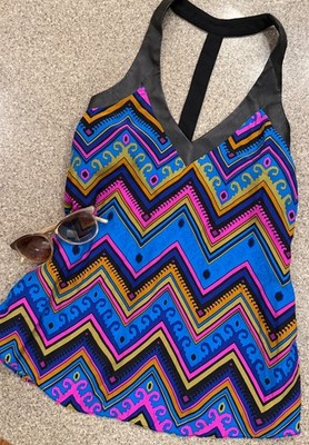 ALICE & TRIXIE Blue Chevron Silk Racerback Tank Top Faux Leather Straps Sz XS