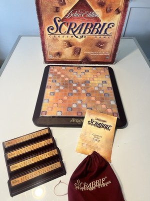 Vintage 1999 Scrabble Deluxe Edition Turntable Game Burgandy Wood Tiles