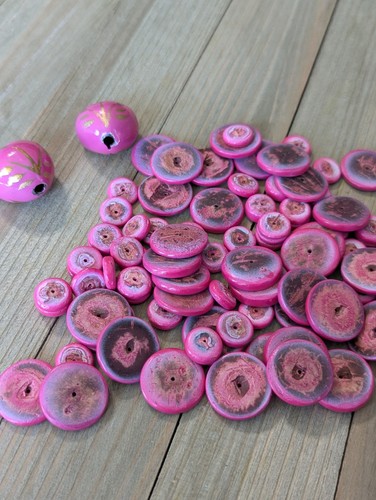 Pink Coconut Disc Beads and Two Kukui Nut Beads Vintage Salvaged Beads