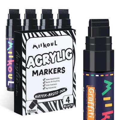 4 Pcs Jumbo Black Permanent Markers Large 15mm Felt Tip Wide Thick Acrylic Paint