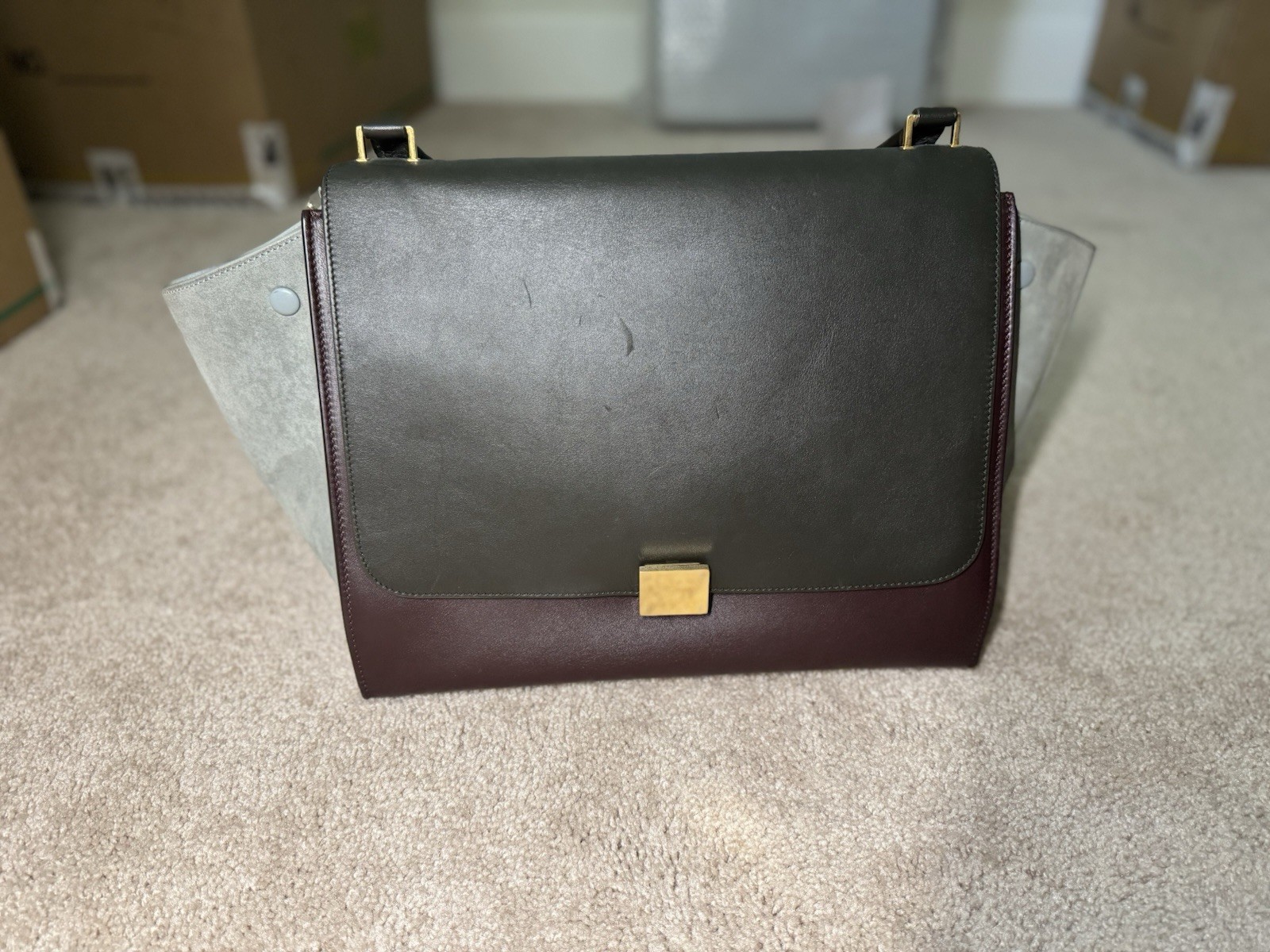 Authentic Celine Trapeze Medium Bag, Olive/Burgundy Suede, Purchased in Tokyo