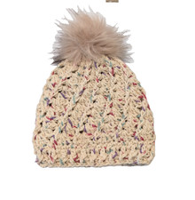 Handmade Beige Tweed Crochet Hat , Faux Fur Pom, Size 6-12 mos.